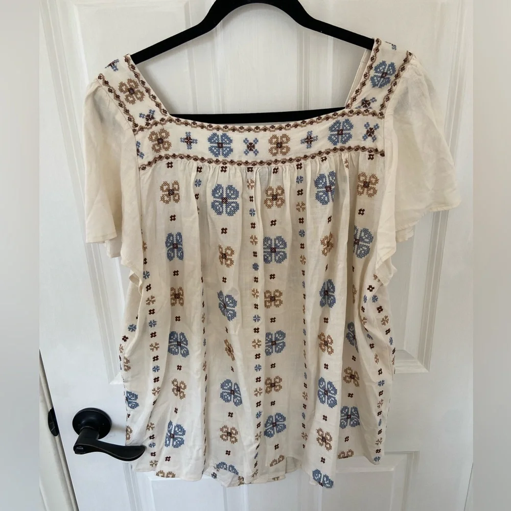 Torrid Linen Blend Embroidered Square Neck Flutter Short Sleeve Top Size 1 - Picture 9 of 11